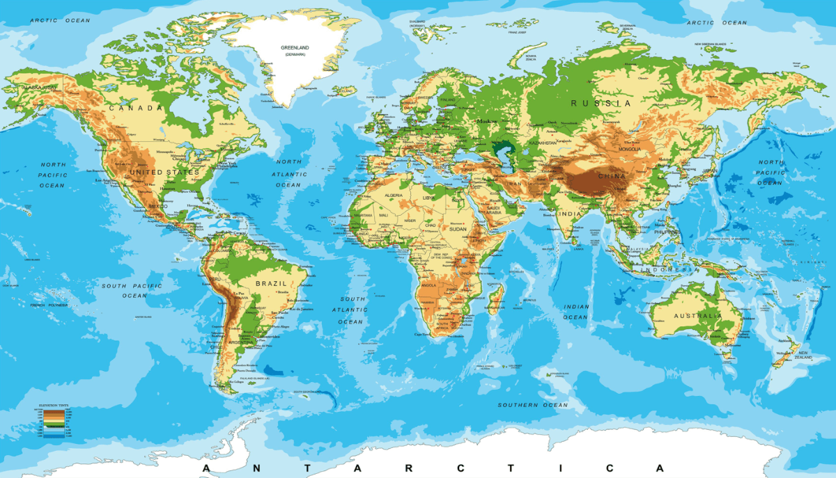 Mapa hipsométrico mundial.